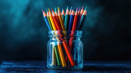 Obraz premium Vibrant and Diverse Colored Pencils Standing Tall in a Clear Glass Jar, Showcasing Creativity, Artistry, and the Joy of Drawing and Writing with a Rainbow of Colors