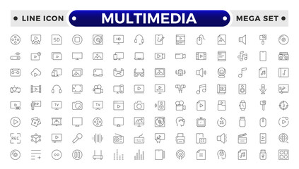 Multimedia outline Icons set. Vector illustration in thin line style of modern digital technology icons: photo, video, music, audiovisual equipment, and more.