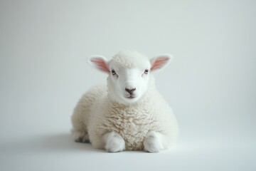 Fototapeta premium Lamb resting, studio shot, white background, innocence