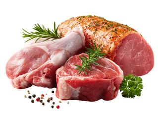 Raw Meat Cuts:  Tenderloin, Chops, and Filet Mignon with Herbs and Peppercorns, PNG