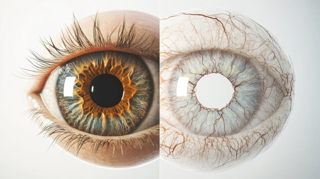 Highly detailed close-up of human eye with vibrant iris and long eyelashes on the left, and a dry textured eye with visible veins and no iris on the right