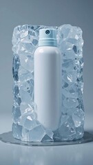 Icy freshness: photograph demonstrates a white spray surrounded by ice, emphasizing the feeling of coldness and instant refreshment that the product might provide