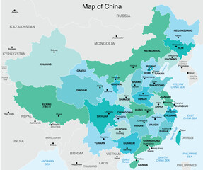 Map of China with its provinces and neighboring countries