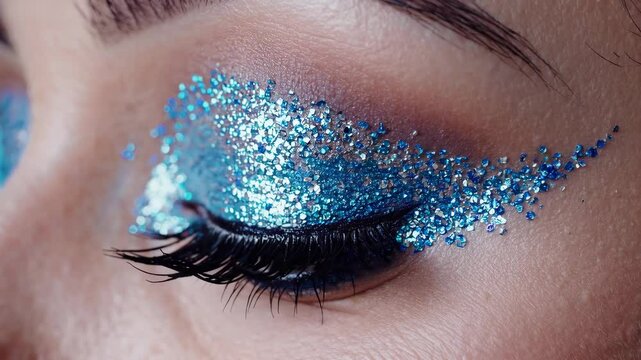 Stunning blue glitter eye makeup transformation with dramatic eyelashes