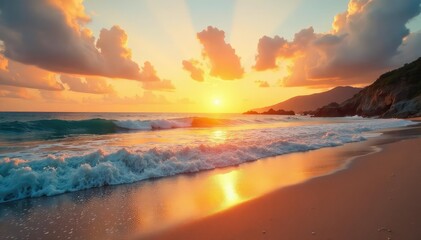 Obraz premium Tranquil beach scene at sunset, golden sand and calm ocean waves , pattern, travel, twilight