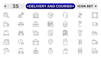 Delivery and courier icon set. Containing order tracking, delivery home, warehouse, truck, scooter, courier and cargo icons. Shipping symbol.
