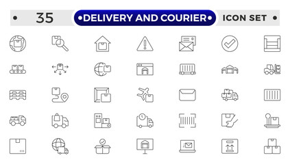 Delivery and courier icon set. Containing order tracking, delivery home, warehouse, truck, scooter, courier and cargo icons. Shipping symbol.
