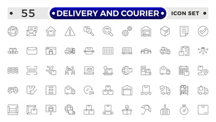 Delivery and courier icon set. Containing order tracking, delivery home, warehouse, truck, scooter, courier and cargo icons. Shipping symbol.