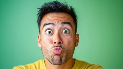Man with a yellow shirt and a black beard is making a funny face. He is making a silly face and his eyes are wide open