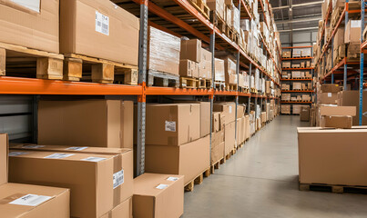 Obraz premium Cardboard boxes stacked on pallets in warehouse, aisle for forklift access