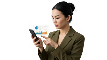 Businesswoman examining business data on phone transparent background