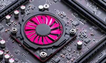 Obraz premium Close-up of a pink computer fan on a circuit board, highlighting its cooling function within the complex electronic system