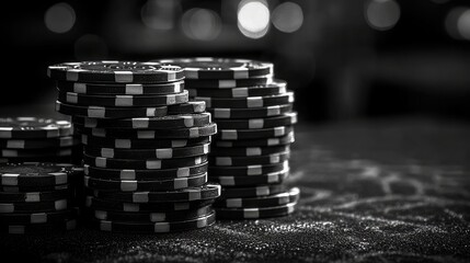 Stacked poker chips in a dimly lit casino