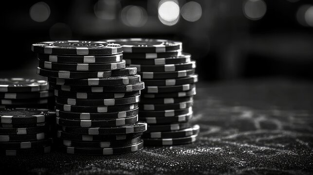 Stacked poker chips in a dimly lit casino