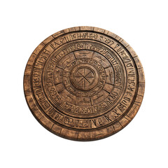 Ancient Mystical Rune Circle - Engraved Wooden Disc with Symbolic Alphabets and Astrological Signs