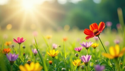 Fototapeta premium Vibrant wildflowers in a sun-drenched meadow, perfect for spring themes , vibrant, spring meadow, yellow