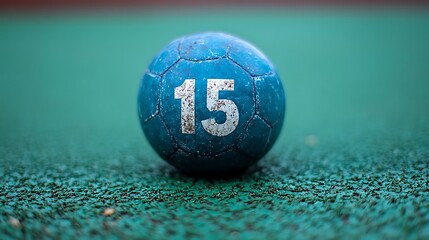 Close-up of a worn, teal sports ball with the number fifteen.