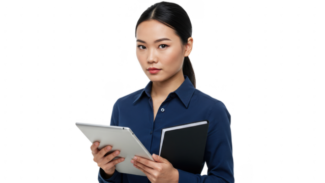 Confident businesswoman holding tablet and notepad transparent background