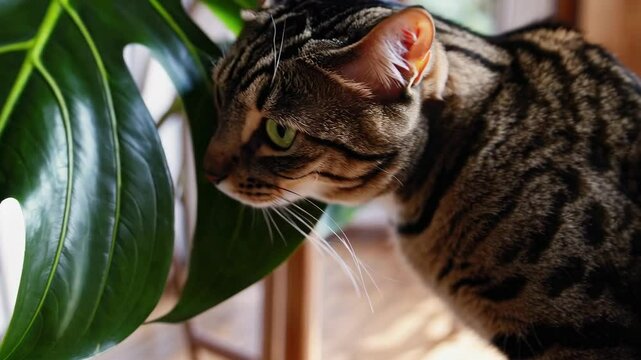 Curious cat exploring lush green jungle indoors with monstera leaves