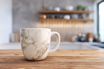 Close-up of a marble-patterned coffee mug on a wooden table.