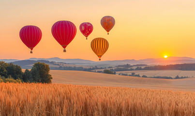 Fototapeta premium Colorful hot air balloons soar over golden wheat field at sunrise, creating a serene and picturesque landscape