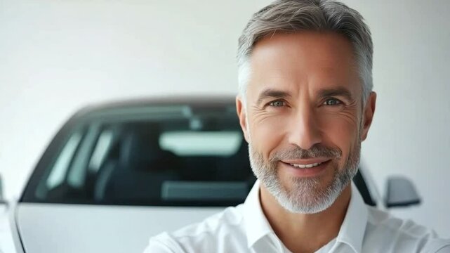 Serene Portrait: A mature man with a calm demeanor, his silver hair and beard accentuating his thoughtful expression, poses confidently.