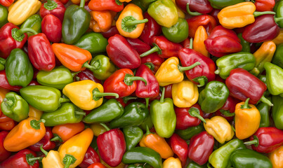 Colorful mix of mini sweet peppers fills the frame, a vibrant display of red, orange, yellow, and green