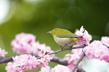 ピンクの梅とメジロ