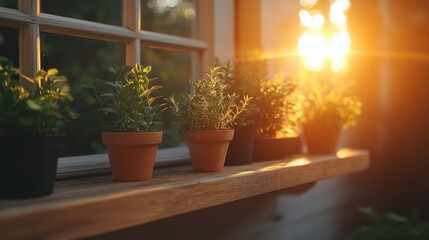 Fototapeta premium Potted Plants on Shelf by Window with Sunlight