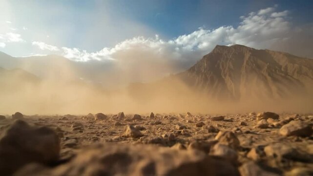 Windy, dusty desert landscape with rocks in the foreground and rugged mountains under a dramatic cloudy sky. Evokes feelings of vastness, desolation, adventure, and the power of nature. Low angle shot