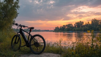 Naklejka premium Peaceful Dusk Bicycle by Calm Riverbank Amidst Natural Beauty