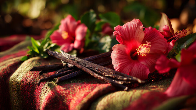 Handwoven lamba with vanilla pods and hibiscus, celebrating Madagascar's vibrant culture and natural bounty.