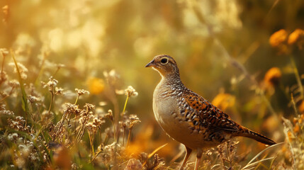 Close-up of a brown and gray ground bird standing among wildflowers and grass in a warm golden sunlight du sunset or sunrise in a natural outdoor setting
