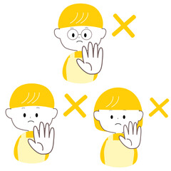 ストップポーズをするエプロン姿のかわいい男女