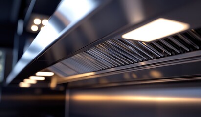 Obraz premium Modern kitchen range hood detail, illuminated, stainless steel, close-up