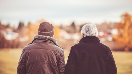 Two Men Enjoying Nature Together in Autumn Landscape at Dusk