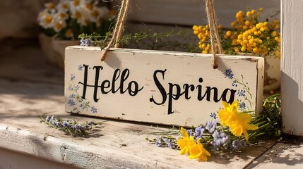 Hand-Painted Hello Spring Sign on a Sunny Wooden Surface
