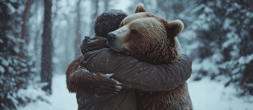 Bear Hugging Person in Snowy Forest