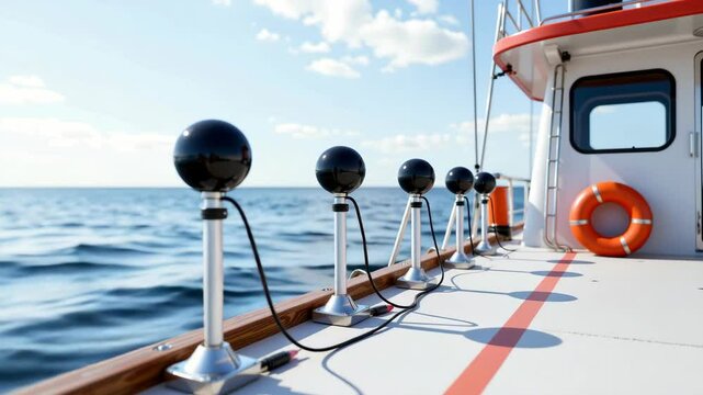 A row of spherical black marine sensors or cameras mounted on the deck of a boat facing the open sea under a blue sky.