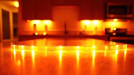 Warm orange strip lights illuminating a kitchen countertop.