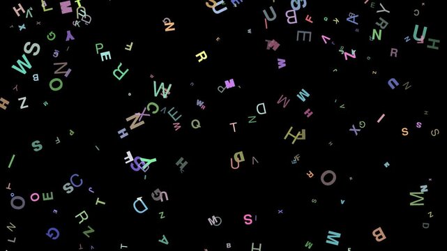 Colorful, glowing alphabet letters scattered and falling through a black void, creating a digital rain effect with letters in various colors floating like confetti against the dark background.