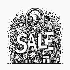 Sale Shopping Bag Full of Gifts and Items in Doodle Style  