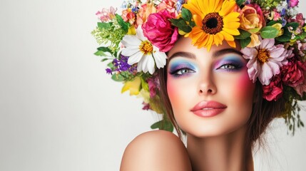 Fototapeta premium Elegant woman adorned with floral crown and vibrant makeup artistry