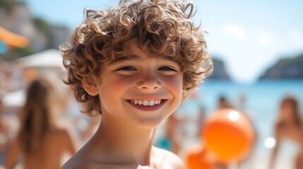 Close-up portrait of a joyful child on a sunny beach.