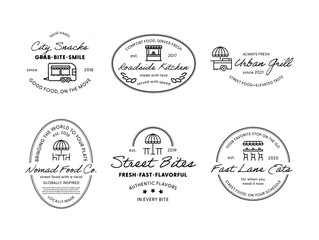 Obraz premium Street fast food cafe eatery delivery minimalist line logo design template vector flat illustration