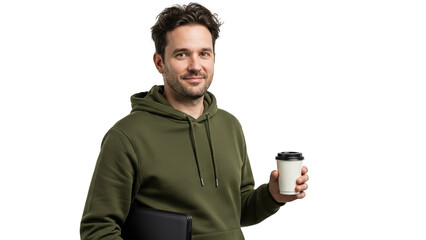 Man holding coffee cup transparent background