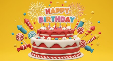 Happy Birthday Cake and Fireworks. Colorful Birthday Celebration Scene