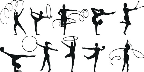 Gymnast girl dancing with tape and hoop black silhouette set vector flat illustration