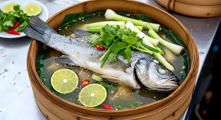 Thai Pla Kapong Neung Manao steamed sea bass with lime-chili sauce with scallions and cilantro