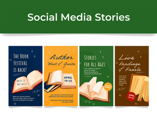 Story book festival author reading meeting social media stories design template set isometric vector